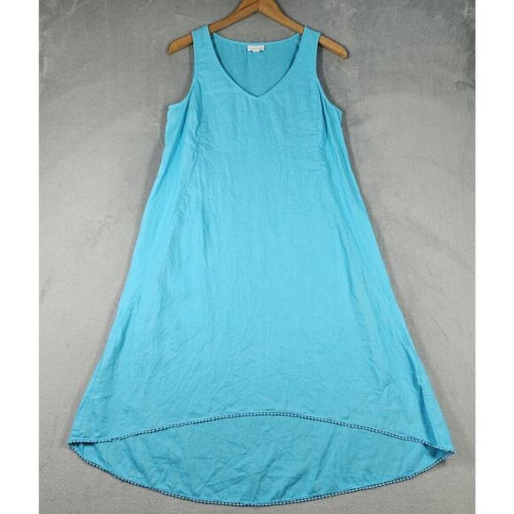 J Jill Love Linen Dress Womens Petite Small Midi Blue Coastal Minimalist Beach